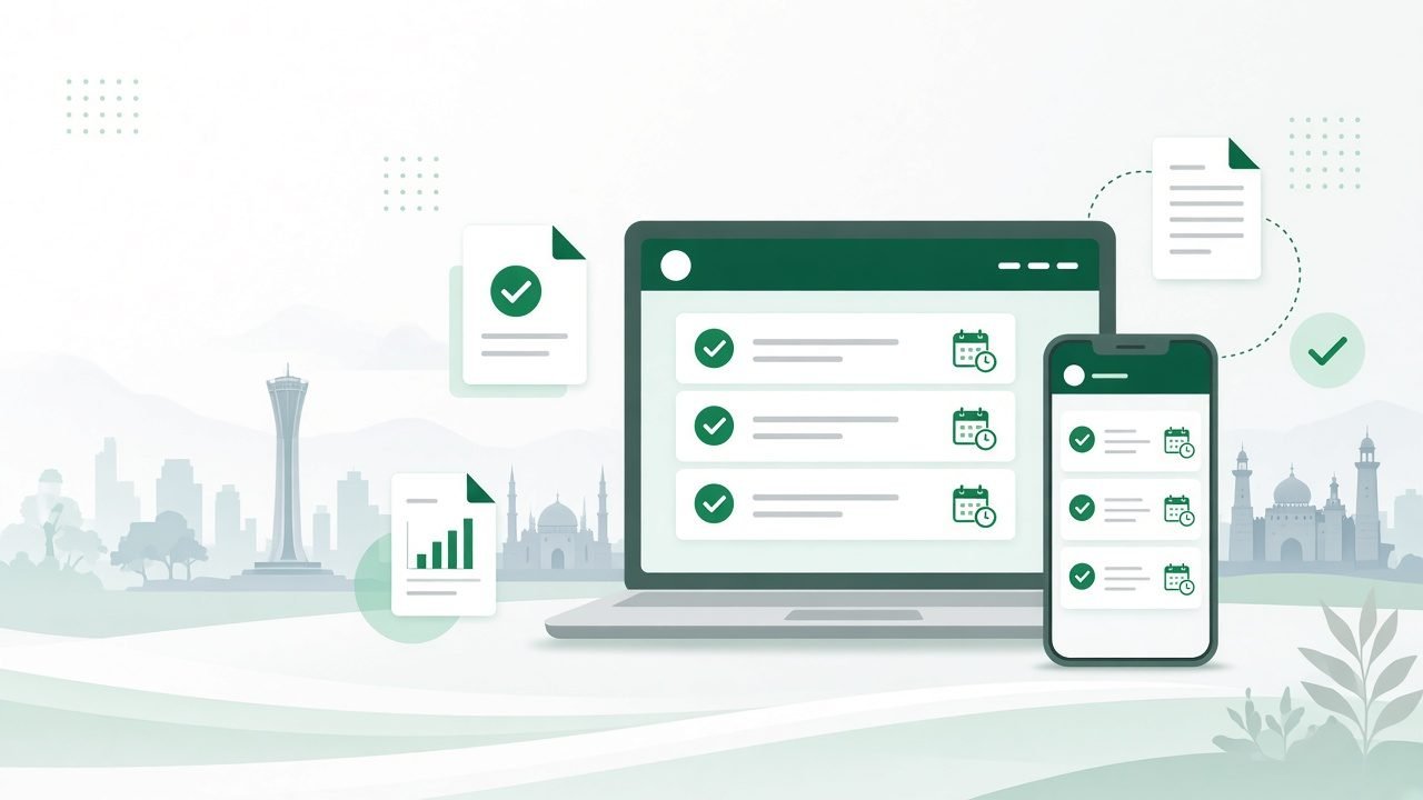 Laptop and phone showing a PakBids daily digest of government IT tenders